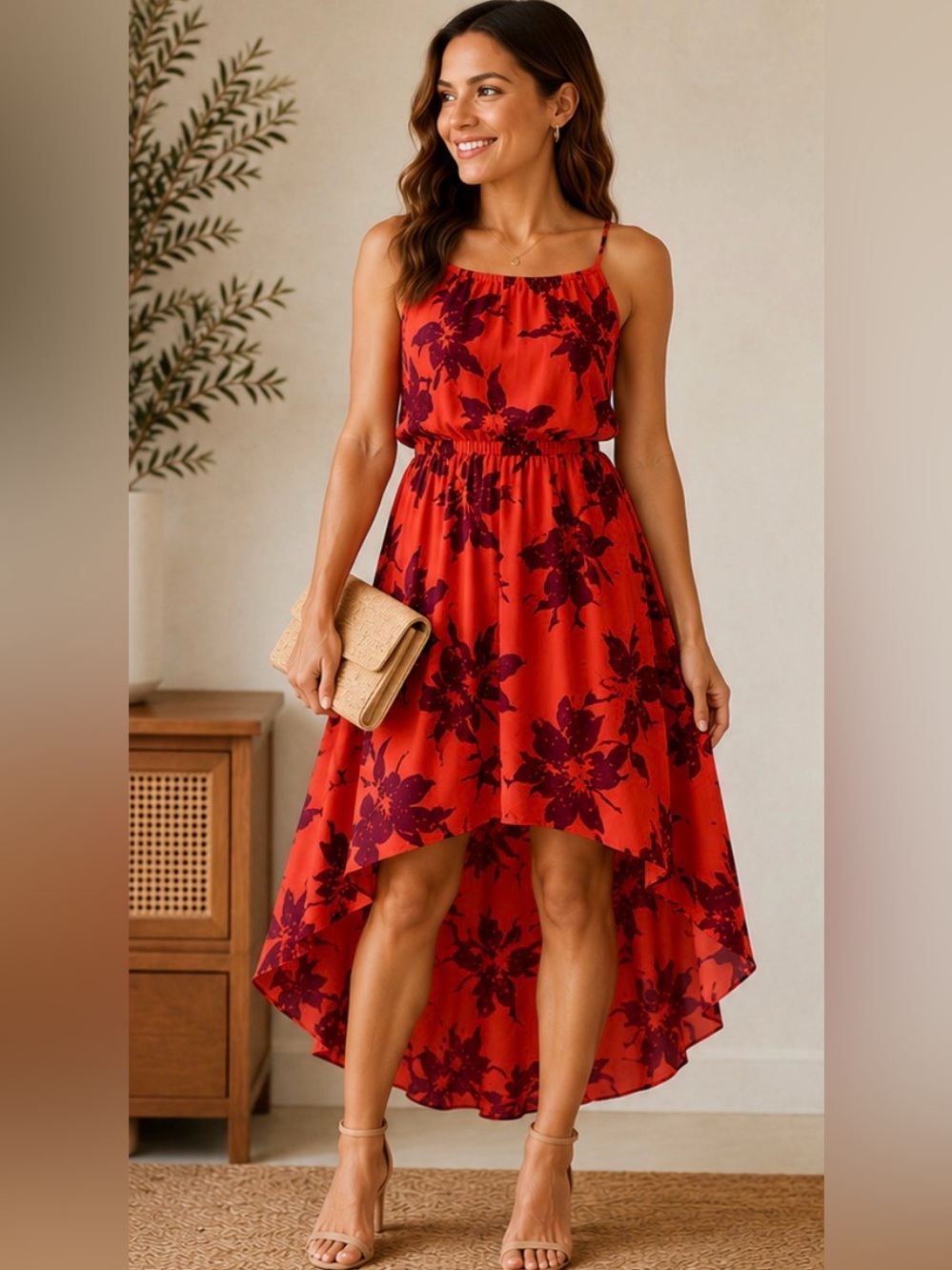 589 Banana Republic Petite Silk Blend Coral Floral High Low Dress 0P